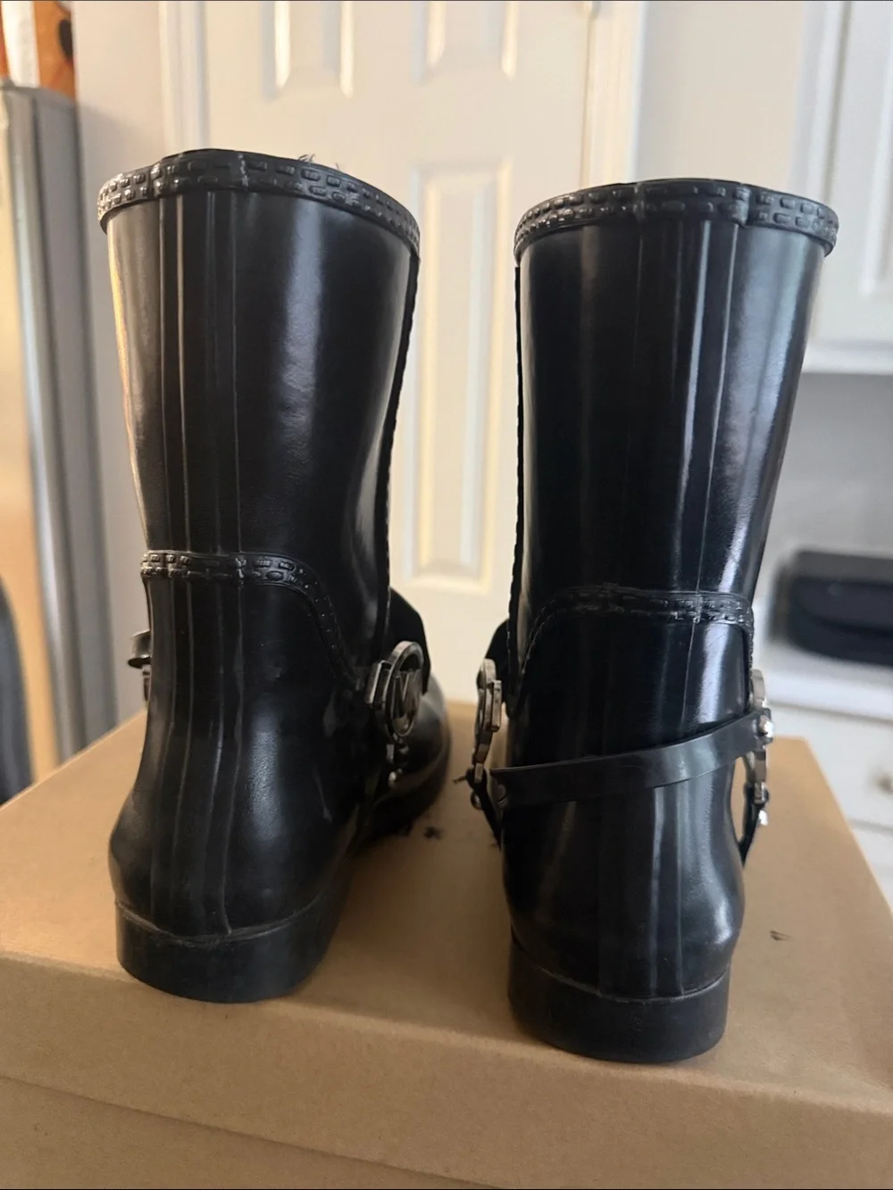 Michael Kors Fulton Harness Black Leather Harness Ankle Rain Boots